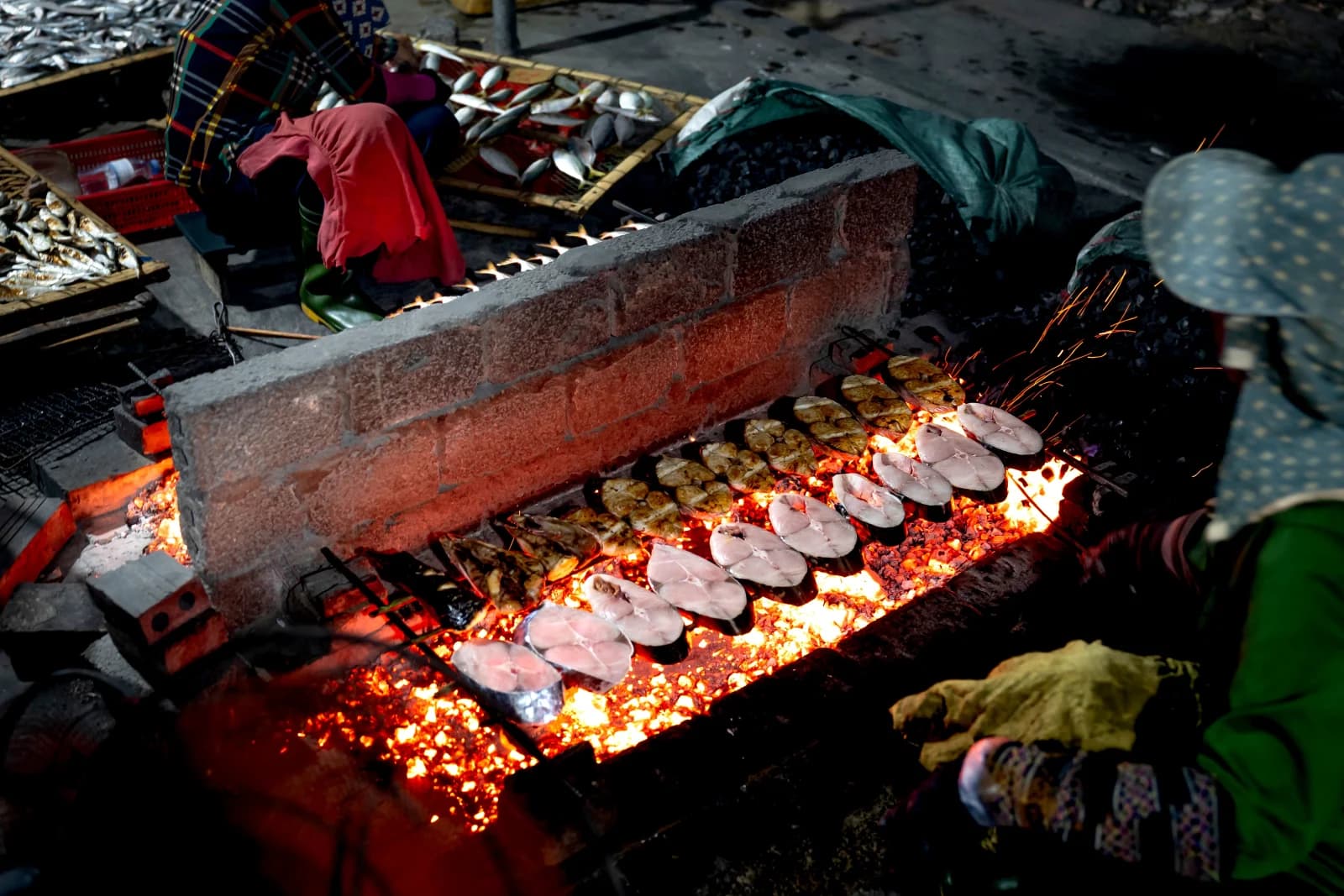 Fish grilling at a Vietnamese street market