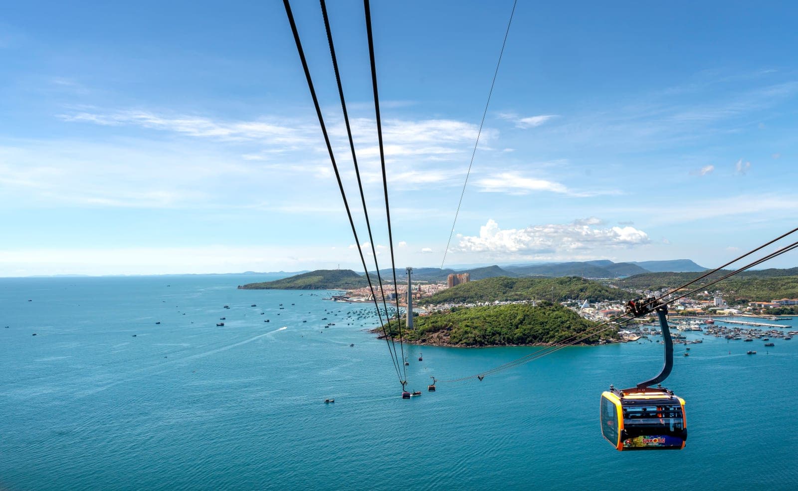 Hon Thom cable car above turquoise sea and islands in Phu Quoc
